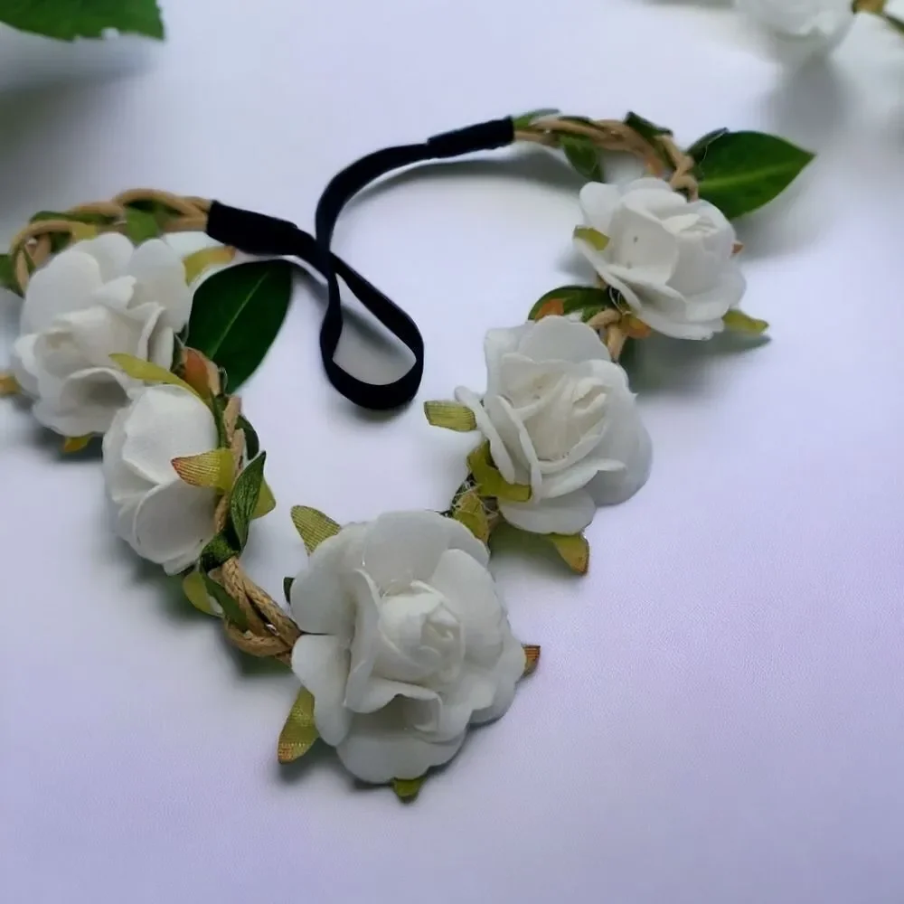 White Rose Halo Boho Fairy Rustic Wedding Flower Girl Bride Flower Headband
